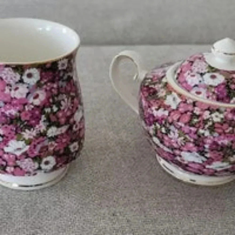 GRACE'S TEAWARE MULTI COLOR FLOWER+GOLD TRIM CERAMIC SUGAR BOWL & MUG BUNDLE